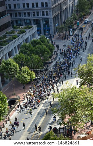 SAN FRANCISCO - JULY 14: Demonstrators march in Embarcadero to protest justice for Trayvon Martin on July 14, 2013 in San Francisco, CA. The verdict said George Zimmerman was not guilty.
