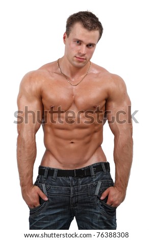 stock photo Muscle sexy wet naked young man posing in jeans