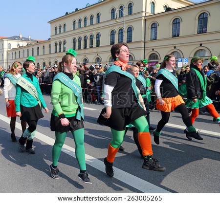 MUNICH - MARCH 15: irish dancers march at St. Patrick\'s day on March 15, 2015 in Munich, Germany. This national Irish holiday takes place annually in March in Dublin and other European cities.