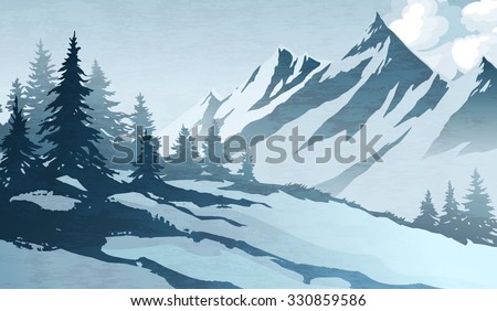 Watercolor imitation illustration. Winter mountains landscape, trees, sky.