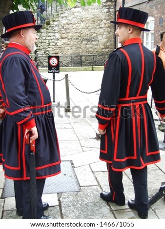 LONDON Ã¢Â?Â? CIRCA AUGUST 2007: Unknown mans Ã¢Â?Â? beefeaters - guard the London Tower on August 2007 in London, Great Britain.