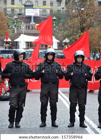 KIEV, UKRAINE Ã¢Â?Â? 14 OCTOBER 2007: Unknown police-officers guard the political meeting of communist on October 14, 2007 in Kiev, Ukraine.