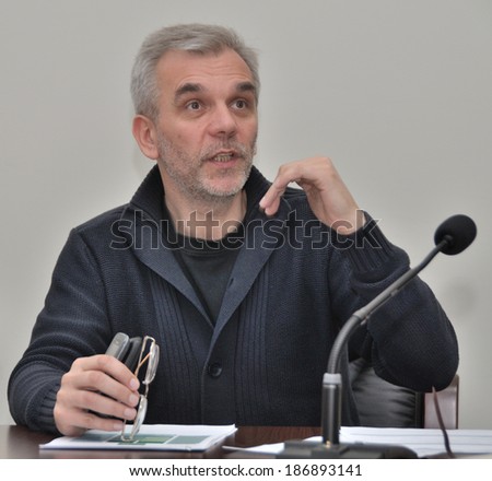 KIEV, UKRAINE -Â?Â? CIRCA MARCH 2014: The Ukrainian minister of health protection Oleh Musij consults with official work group of Ukrainian medical system reformation on March 2014 in Kiev, Ukraine.