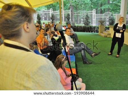 BUCHA, UKRAINE - 18 MAY 2014: The famous Ukrainian politician and deputy Iryna Herashchenko meets with people during election campaign on May 18, 2014 in Bucha, Ukraine