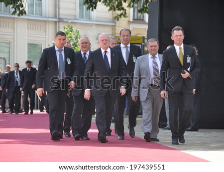 KIEV, UKRAINE - 08 JUNE 2014: The President of Slovakia Ivan Gasparovic with security visit the inauguration of Ukrainian President Petro Poroshenko on June 08, 2014 in Kiev, Ukraine