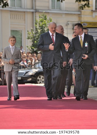KIEV, UKRAINE Ã¢Â?Â? 08 JUNE 2014: The President of Belorussia Alexander Lukashenko with youngest son visit the inauguration of Ukrainian President Petro Poroshenko on June 08, 2014 in Kiev, Ukraine