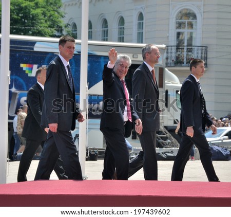 KIEV, UKRAINE -Â?Â? 08 JUNE 2014: The President of Austria Heinz Fischer with security visit the inauguration of Ukrainian President Petro Poroshenko on June 08, 2014 in Kiev, Ukraine