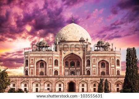 Tomb of Humayun at purple dramatic sky background in Delhi, India