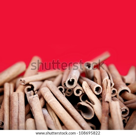Cinnamon spice heap on red background. Free space for text