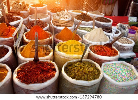 Indian Colored Spices At Anjuna Flea Market In Goa, India