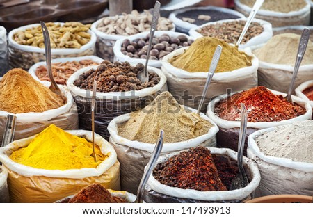 Indian colorful spices and tea at Anjuna flea market in Goa, India