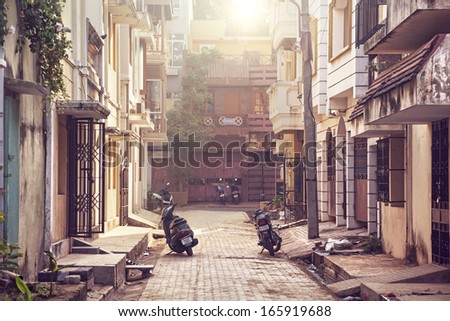 Puducherry, India - January 27: Street With Motorbikes And Scooters In French Part Of Puducherry, Also Known As Pondicherry, On January 27, 2013.