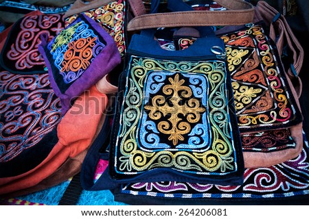 Kazakh ethnic bags with ornament in the market at Nauryz celebration in Almaty, Kazakhstan, central Asia