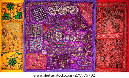Colorful ethnic Rajasthan cushion covers on flea market in India