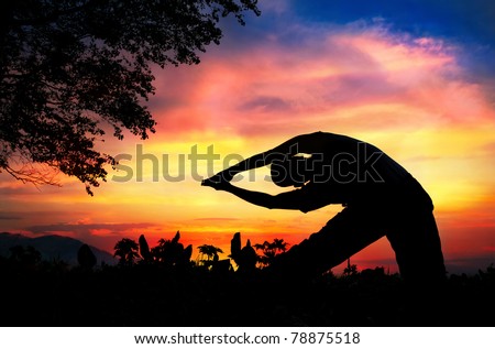 Man silhouette doing parighasana beam pose with tree nearby outdoors at sunset background