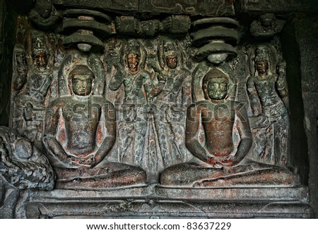 Ellora Cave with statue of Buddhas in meditation inside in Maharashtra, India