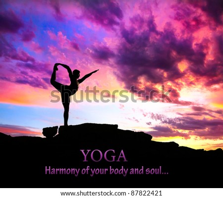Yoga Natarajasana dancer balancing pose by man silhouette with purple dramatic sunset sky background. Free space for text and can be used as template for web-site