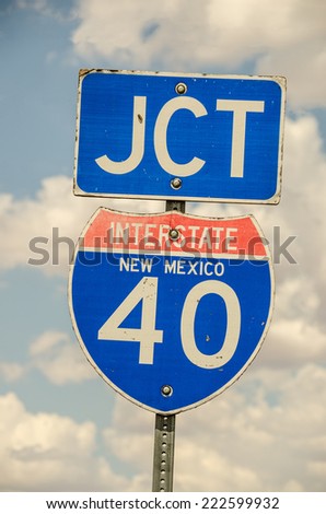 Sign showing the junction of Interstate 40 in New Mexico.  Much of Route 66 is now part of I-40.