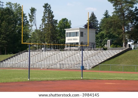Goal post, bleachers, and commentator\'s building at Knox Field in Johnstown, NY.