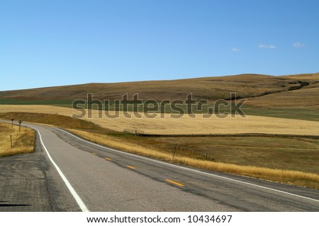 Two-lane road in rural America with cows in the field and no traffic