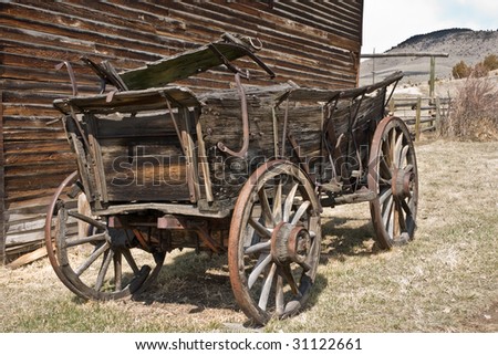 Covered wagon without the cover in the Montana ghost town of Nevada City