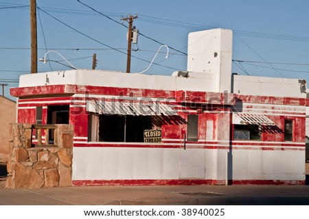 Red and white valentine diner on Route 66 now closed and abandoned