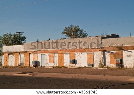 Boarded up, abandoned motel on Route 66 complete with air conditioners