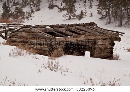 Abandoned log cabin won\'t provide much shelter from the snowstorm with much of it\'s roof gone