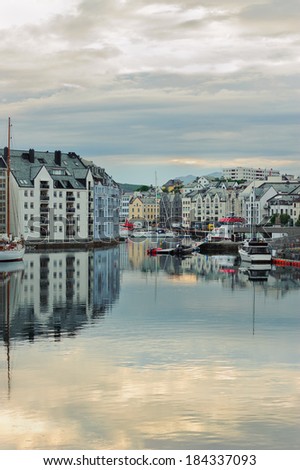 view on streets and houses at city of Alesund , Norway, vertical