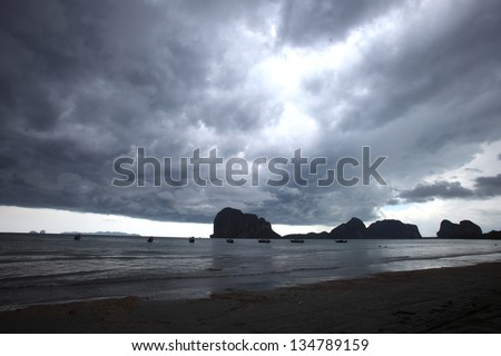 Lightning above the sea in tome of storm. Thailand