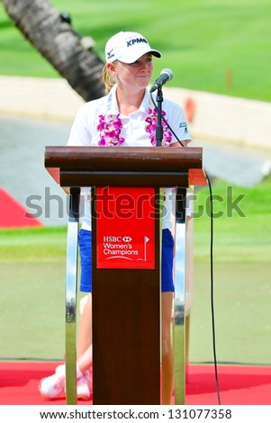 SINGAPORE - MARCH 3: Winner Stacy Lewis giving a speech during the prize presentation of the HSBC Women\'s Champions at the Sentosa Golf Club on March 3, 2013 in Singapore.