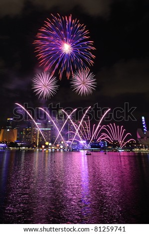 SINGAPORE - JULY 2: Fireworks display during National Day Parade Singapore 2011 CR3 on July 2, 2011 in Singapore.