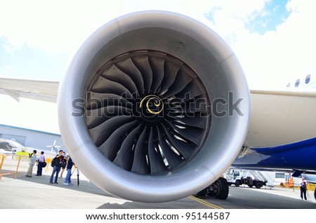 SINGAPORE - FEBRUARY 12: Front view of the intake fan of Boeing 787 Dreamliner's Rolls Royce Trent 1000 engine at Singapore Airshow February 12, 2012 in Singapore