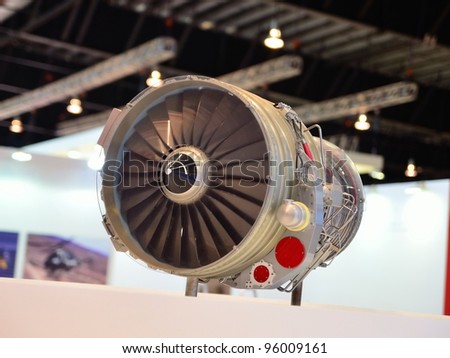 SINGAPORE - FEBRUARY 12: A model aircraft engine on display at Singapore Airshow February 12, 2012 in Singapore