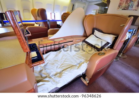 SINGAPORE - FEBRUARY 17: First class cabin bed in Singapore Airlines\' (SIA) last Boeing 747-400 aircraft at Singapore Airshow on February 17, 2012 in Singapore