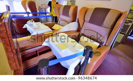 SINGAPORE - FEBRUARY 17: First class cabin in Singapore Airlines\' (SIA) last Boeing 747-400 aircraft at Singapore Airshow on February 17, 2012 in Singapore