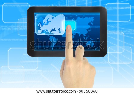 hand pushing Europe Continent on a touch screen interface
