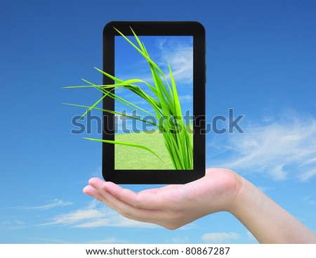 fresh grass and tablet PC in women hand on sky