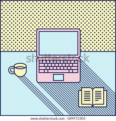 color laptop cup and book on a table color laptop cup and book on a table