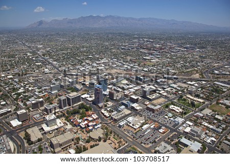 Low Level Aerial view of Downtown Tucson, Arizona