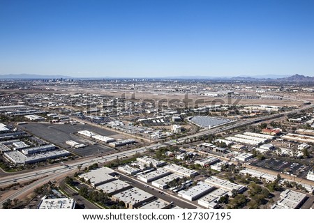 Sky Harbor International Airport with  Phoenix, Arizona city skyline in the distance