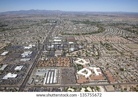 Aerial view of Sun City, Arizona looking to the West from Peoria, Arizona