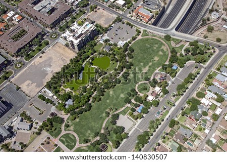A park built on top of a freeway, the Deck Park as viewed from above