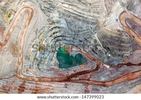 Brilliant colors explode in a vertical view of an open pit mining from above Brilliant colors explode in a vertical view of an open pit mining from above