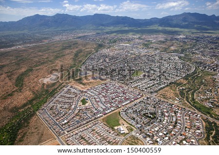 Looking southeast at the Huachuca Mountains and the city of Sierra Vista, Arizona