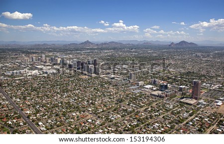 Phoenix, Arizona skyline looking to the northeast including Piestewa Peak and Camelback Mountain