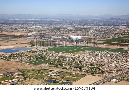 Aerial view of Glendale, Arizona including sports facilities and shopping