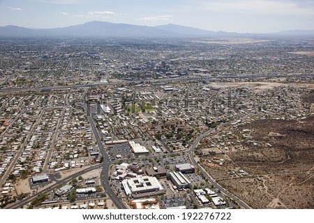 Greater Tucson, Arizona skyline aerial view looking east
