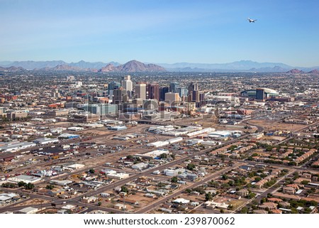 Aerial view of Downtown Phoenix, Arizona Skyline looking to the northeast