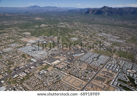 Apache Junction, Arizona where Winter visitors gather to enjoy sunshine and warm weather in the shadow of the Superstition Mountains